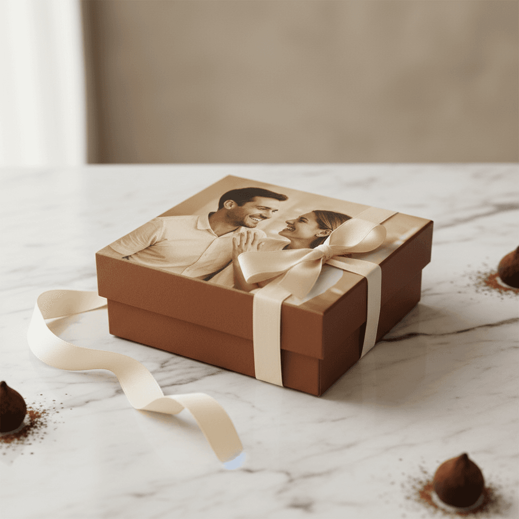 Chocolate gift box with a printed photo on the lid.