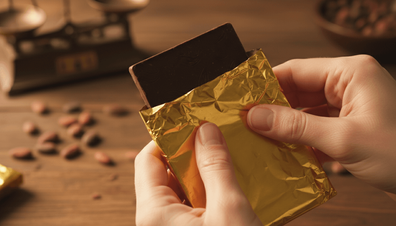Close-up of hands carefully wrapping a dark chocolate bar in glossy foil, warm golden light illuminating the texture of the wrapper and the smooth surface of the chocolate, shallow depth of field, artisanal and intimate mood