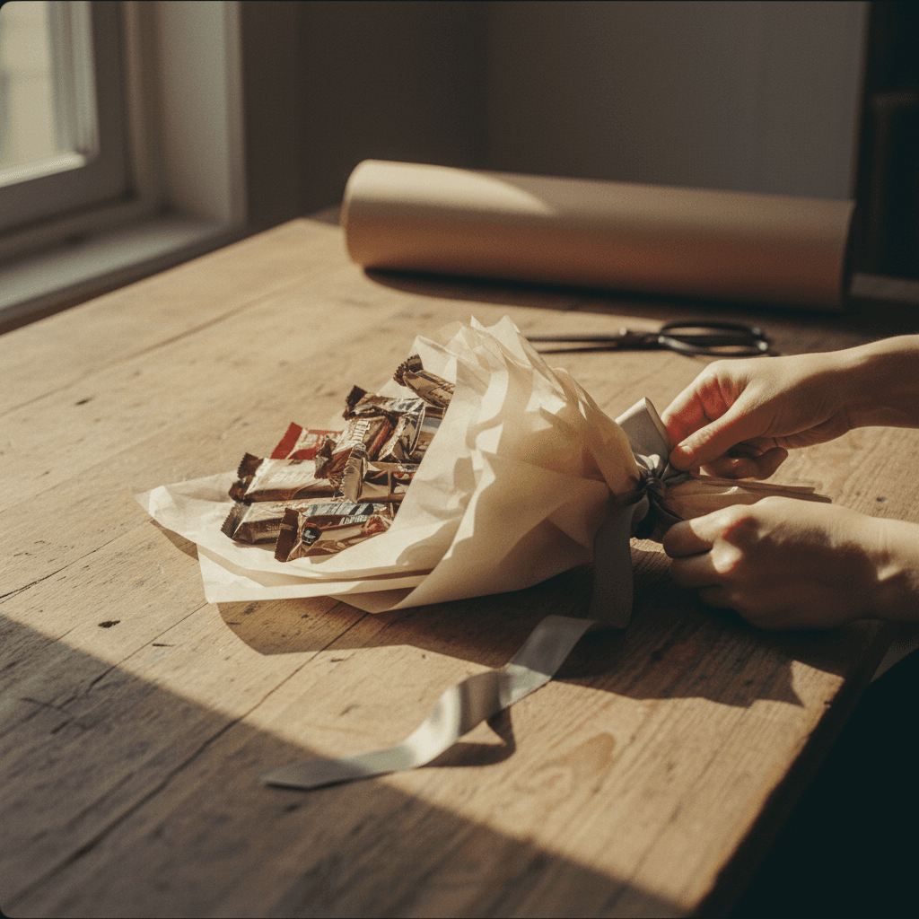 Hands wrapping a chocolate bouquet with ribbon on a wooden table.