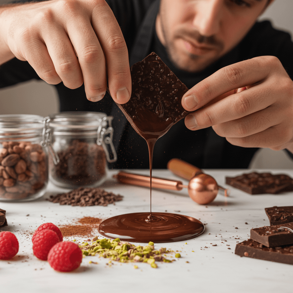 Hand placing a customized wrapper on homemade chocolate
