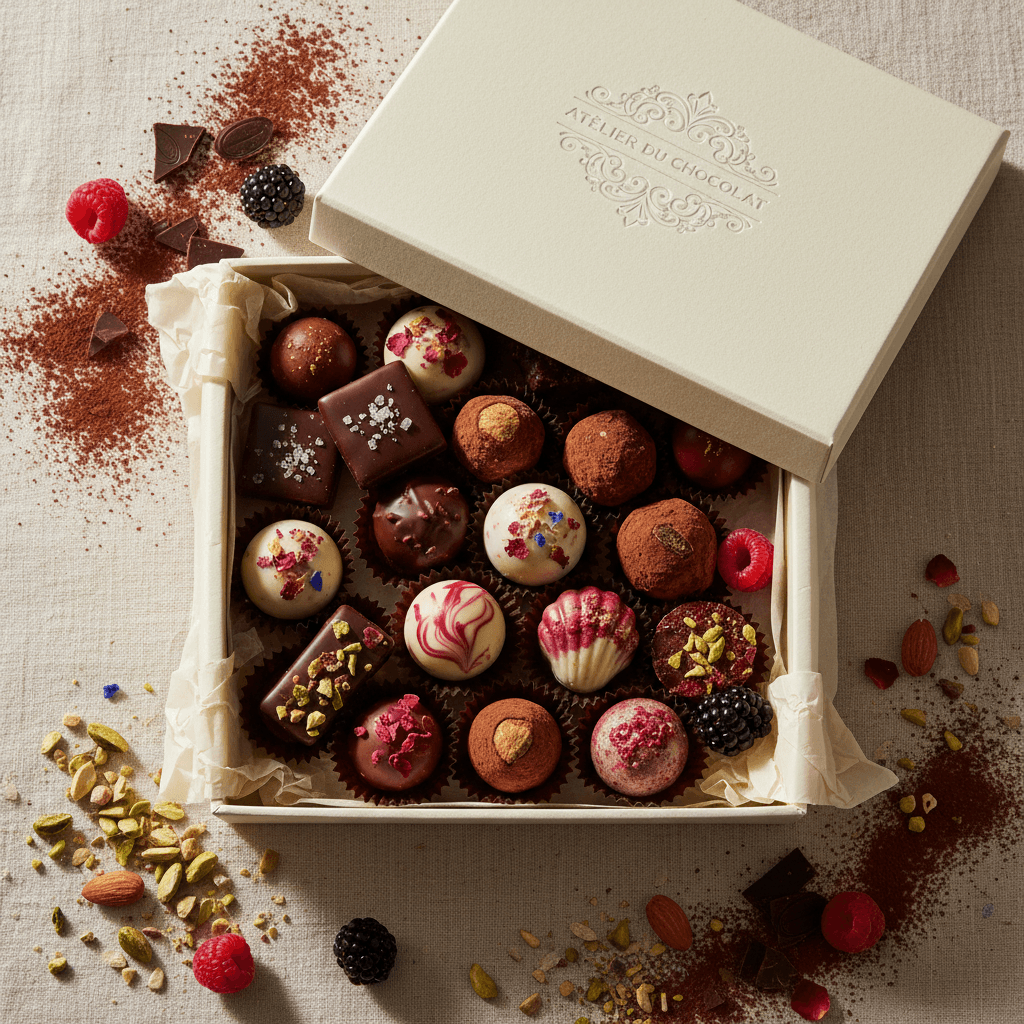 A chocolate bouquet arranged in a decorative box, each chocolate on a stick tied with a satin ribbon on a bright tabletop.