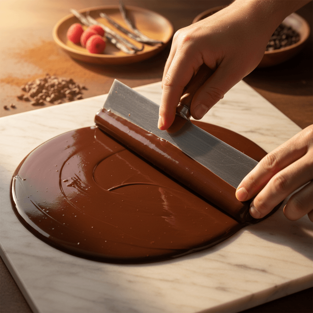 A hand holding a chocolate bar wrapped with a handwritten name label, placed on a wooden table in natural morning light.