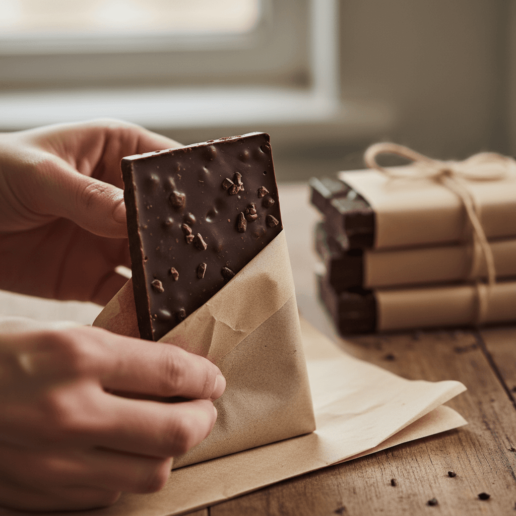 Hand placing a personalized chocolate wrapper on homemade chocolate