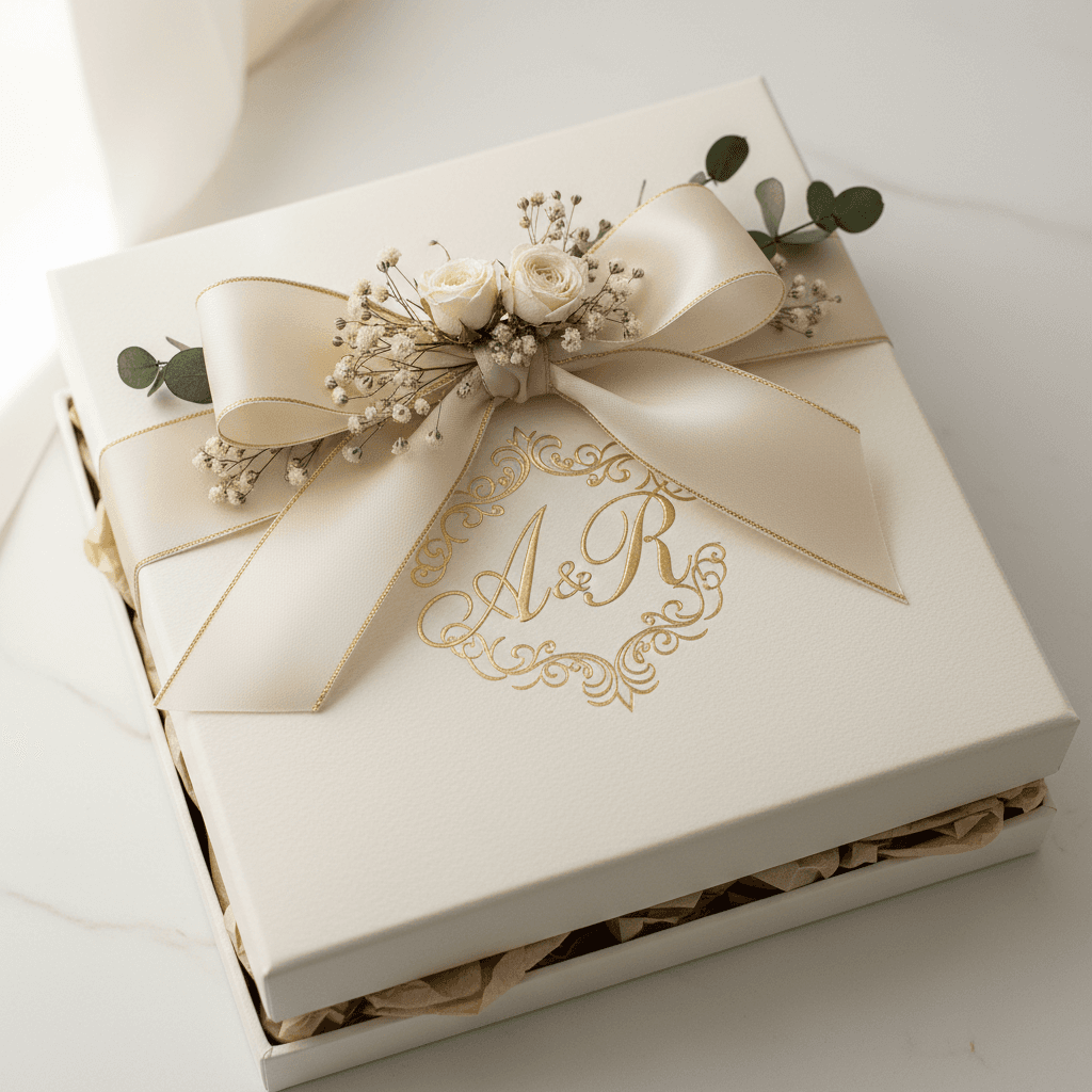 Overhead flat lay of wedding return gift boxes wrapped in cream paper with gold seals and jute twine on a wooden board.