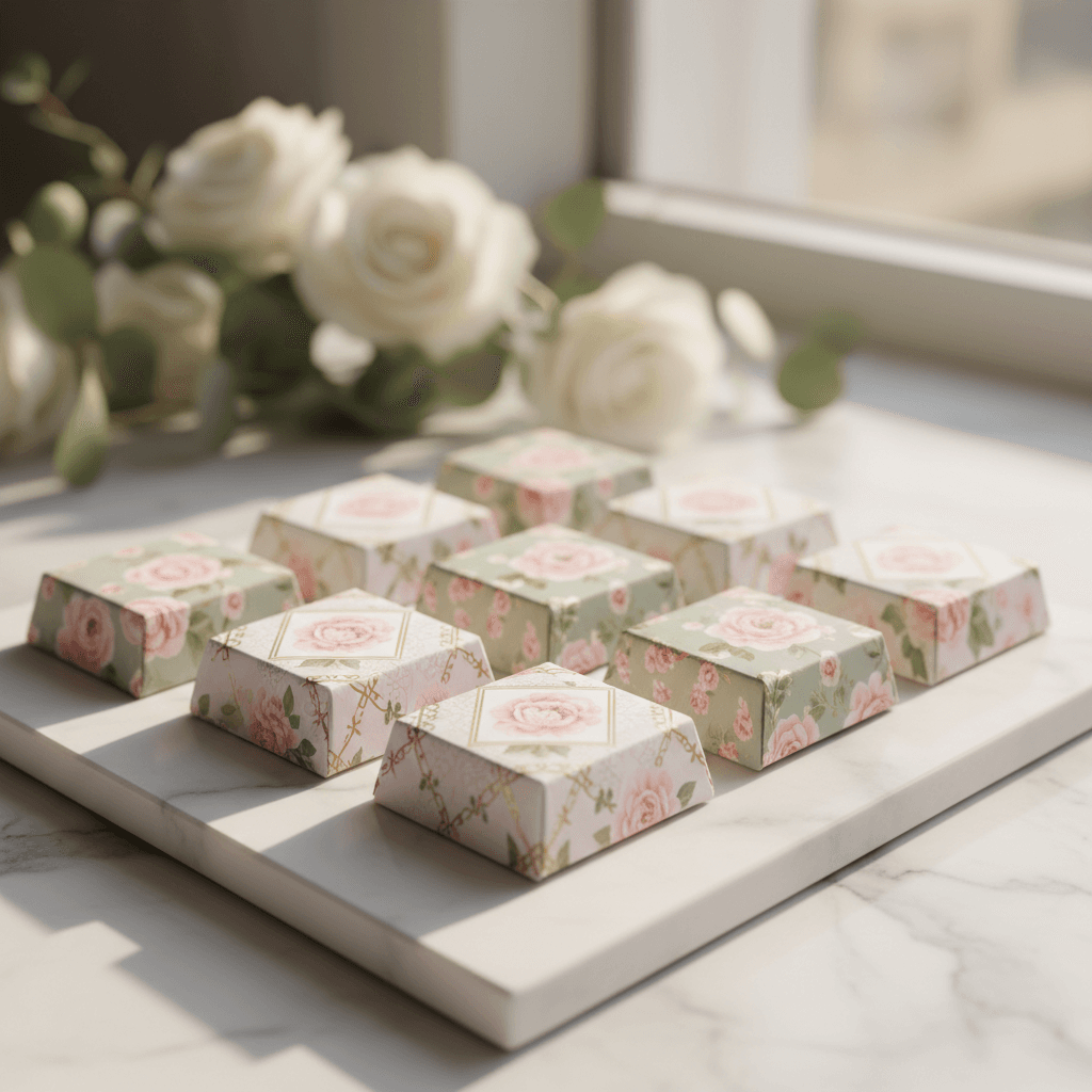 Artfully arranged custom-wrapped chocolates with floral designs in pastel colors on white marble with fresh flowers