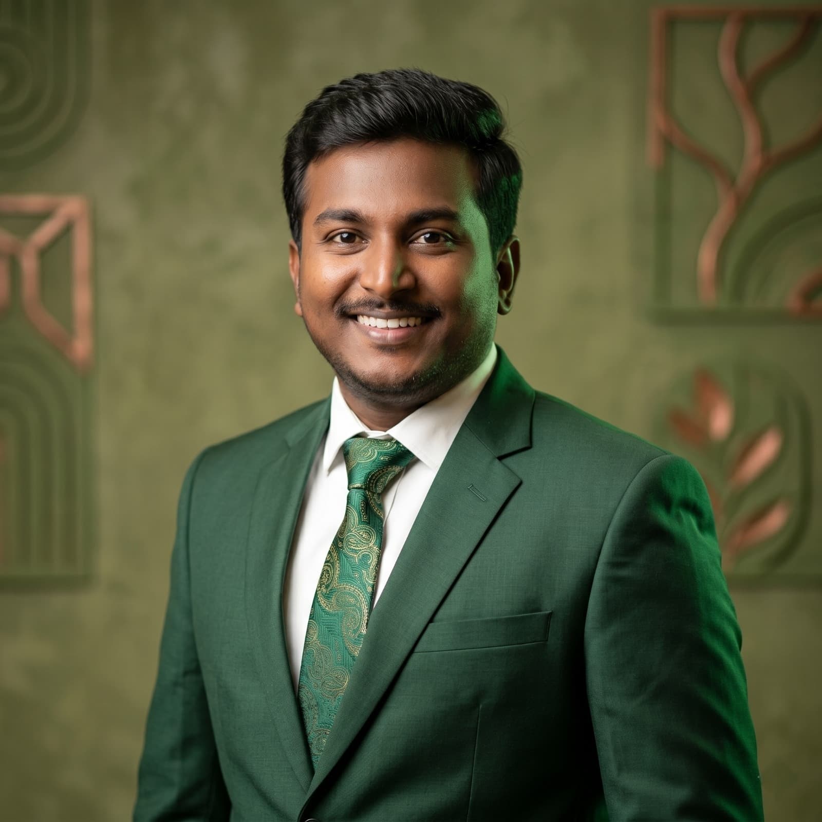 Smiling man in a green suit and patterned tie against a textured green background.